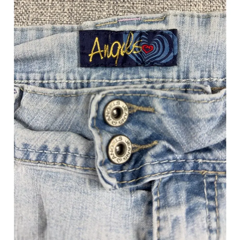 Angels Y2K Light Wash Cuffed Capri Jeans Custom Comic Patch Wide Leg 39 Waist
